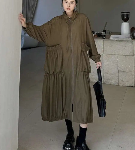 Women Khaki Pleated Big Size Casual Midi Dress New Stand Collar Long Sleeve Fashion Tide Spring Autumn 2025 1DH6824