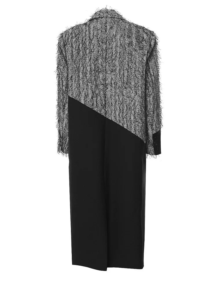 Women Gray Color-block Tassels Big Size Long Blazer New Lapel Long Sleeve Jacket Fashion Tide Spring Autumn 2025 7AB1820