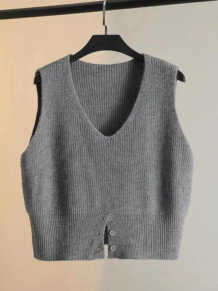Women Solid V Neck New Holiday Loose Sleeveless Short Sweater Vest Autumn Winter Casual Versatile Split Knit Tank Tops Fashion