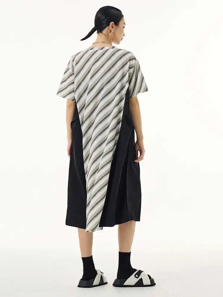 Women Purple Striped Color-block Big Size Dress New Round Neck Short Sleeve Fashion Tide Spring Summer 2025 1DH5420