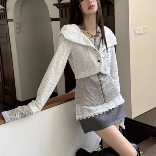 Load image into Gallery viewer, Y2k Aesthetic Fake Two Pieces Zipper Jackets Streetwear Casual Hooded Print Tops Vintage Patchwork Bodycon Coats Women Harajuku
