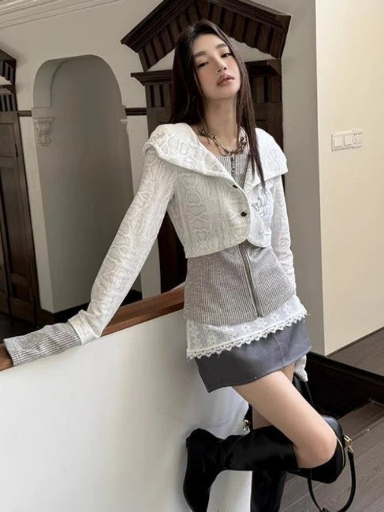 Y2k Aesthetic Fake Two Pieces Zipper Jackets Streetwear Casual Hooded Print Tops Vintage Patchwork Bodycon Coats Women Harajuku