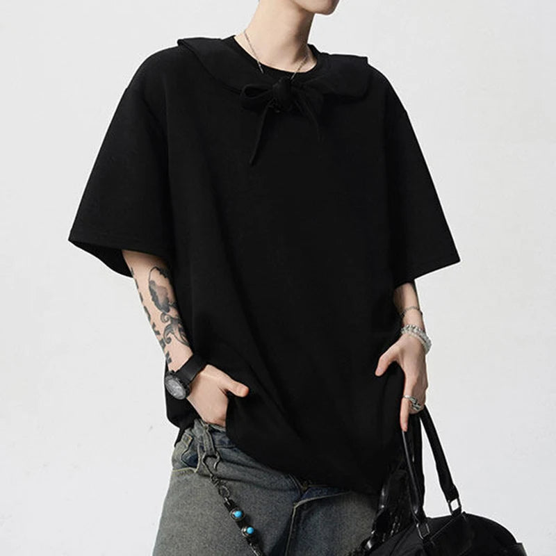 Men's T-shirts Short Sleeve Solid Color Trendy New Korean Style Tie Design Round Neck Pullover Male Clothing 9W1943