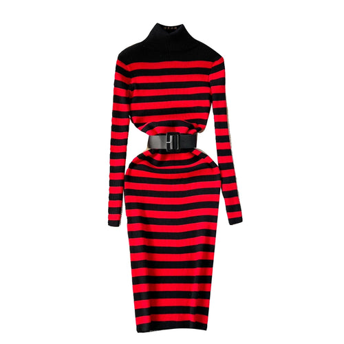 Load image into Gallery viewer, Autumn Winter Patchwork Stripe Knit Long Dress Female Fashion Medium Length High Neck Warm Loose Slim Sweater Dress Women French
