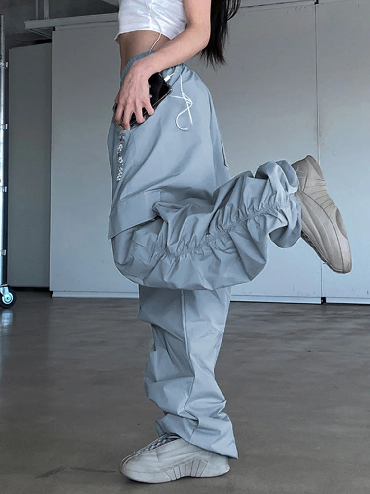 Harajuku Drawstring Baggy Women's Pants Solid Tech Joggers Casual Street Style Shirring Track Trousers Elastic Waist