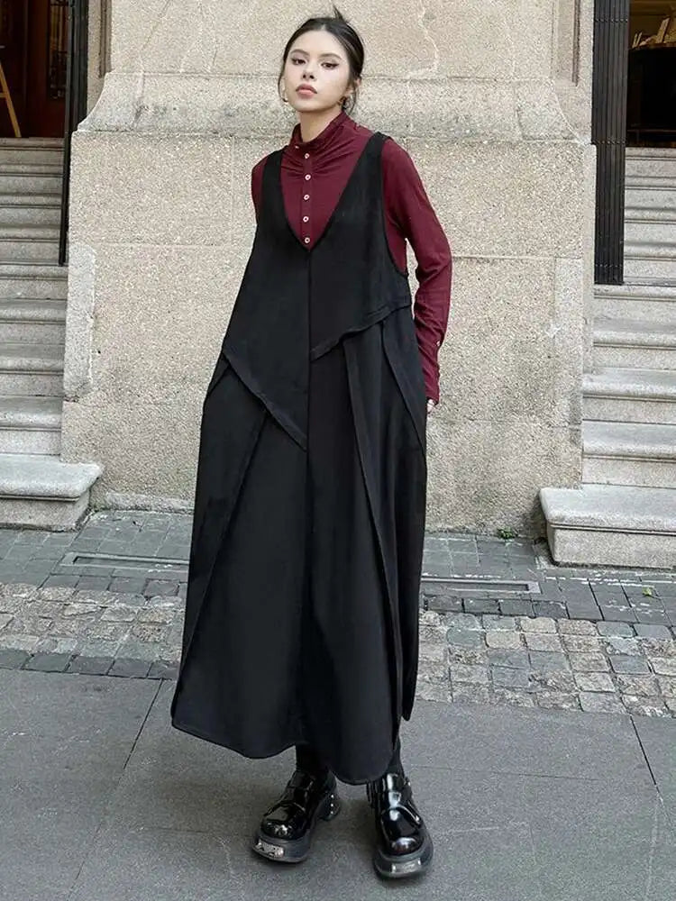 Women Black Irregular Spliced Big Size Long Strap Dress New V-Neck Sleeveless Fashion Tide Spring Autumn 2025 1DH7700