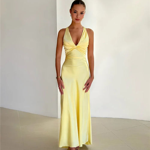 Load image into Gallery viewer, Satin Bow Backless Sexy Maxi Dress For Women Gown Fashion V Neck Sleeveless Club Party Evening Dress Elegant
