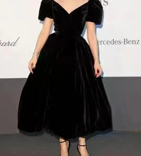 Slim Black Vintage Midi Dress For Women V Neck Puff Sleeve High Waist Solid Minimalist Ruched Long Dresses Female Clothing