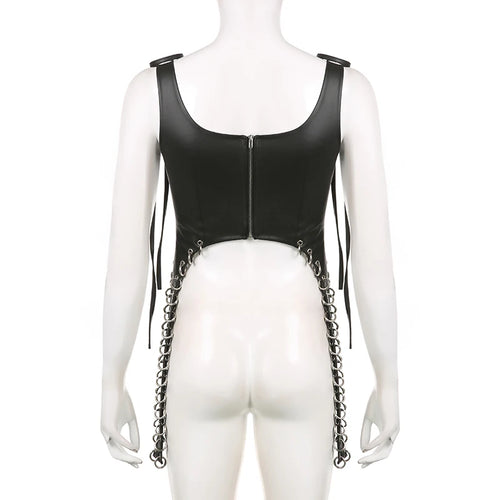 Load image into Gallery viewer, Streetwear Metal Ring Bodycon Leather Top Strappy Clubwear Zip Up Sexy Vest Punk Women Gothic Summer Tank Tops Party
