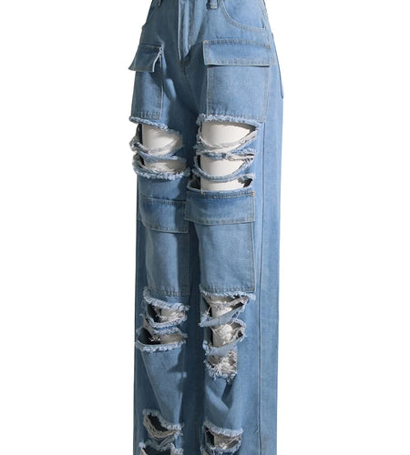 Hollow Out Jeans For Women High Waist Patchwork Pocket Casual Loose Denim Wide Leg Pants Female Fashion Clothing