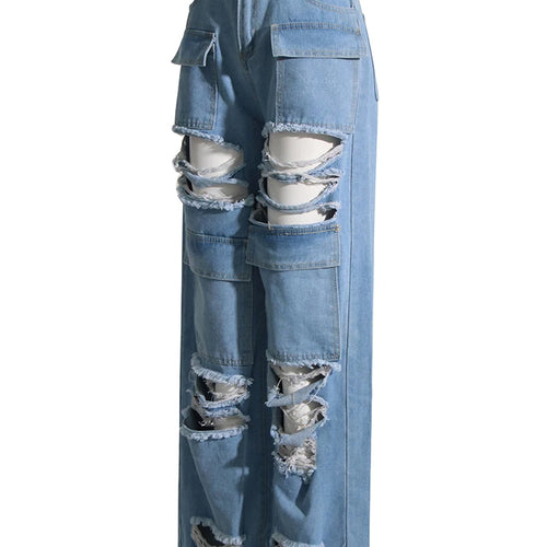 Load image into Gallery viewer, Hollow Out Jeans For Women High Waist Patchwork Pocket Casual Loose Denim Wide Leg Pants Female Fashion Clothing
