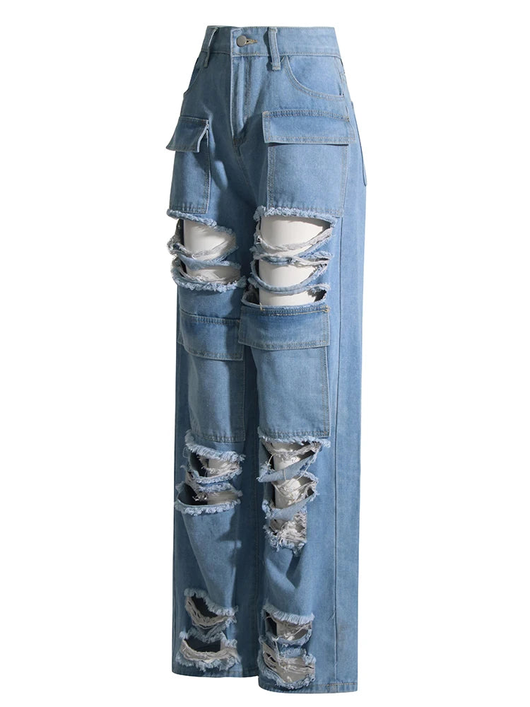 Hollow Out Jeans For Women High Waist Patchwork Pocket Casual Loose Denim Wide Leg Pants Female Fashion Clothing