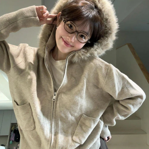 Load image into Gallery viewer, Women Fur Patchwork Hooded Grunge Cardigan Streetwear Vintage Dual Zippers Solid Jackets Y2k Aesthetic Casual Loose Sweaters
