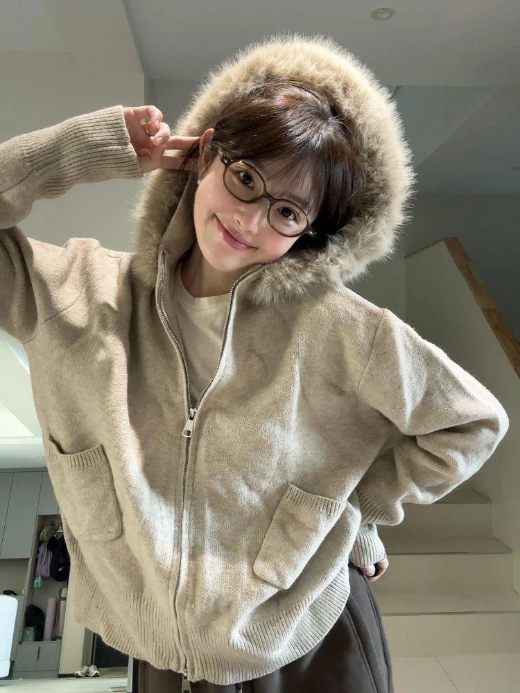 Women Fur Patchwork Hooded Grunge Cardigan Streetwear Vintage Dual Zippers Solid Jackets Y2k Aesthetic Casual Loose Sweaters