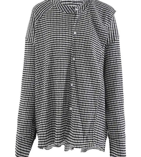 Women Black Plaid Vintage Big Size Irregular Blouse New Lapel Long Sleeve Shirt Fashion Tide Spring Autumn 2025 CPG2243
