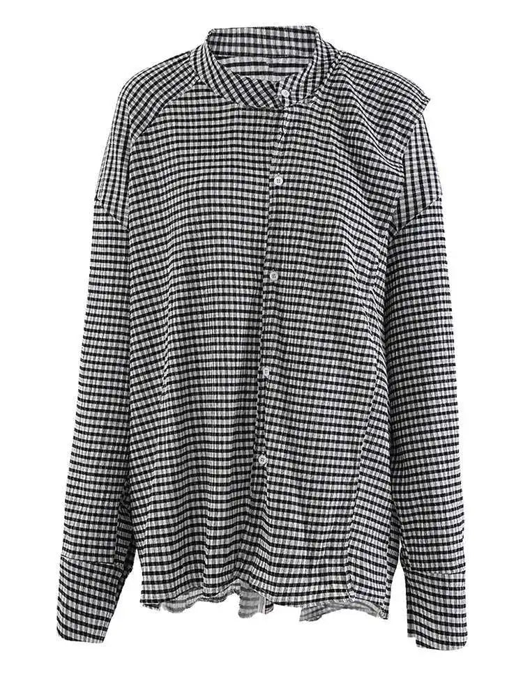 Women Black Plaid Vintage Big Size Irregular Blouse New Lapel Long Sleeve Shirt Fashion Tide Spring Autumn 2025 CPG2243