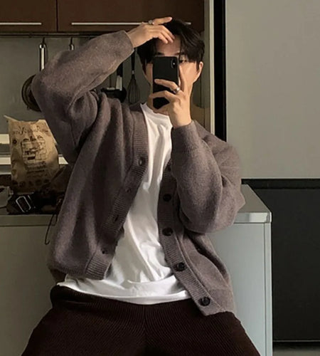 Solid Color Men's Cardigan Korean Style Knitting V-neck Casual Tops Single Breasted Male Sweaters Menswear Knits 9C9311