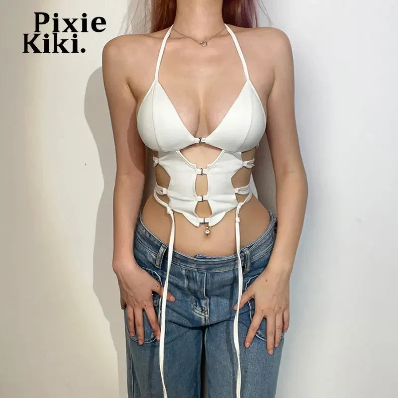 Sexy Cut Out Crop Tops Women Lace Up Backless Halter Tops Summer 2023 Trendy Streetwear Tanks and Camis P94-BG10