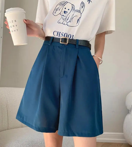 Summer New Black Blue Loose High Waist Wide Leg Pleated Shorts Korean Version Women Gray Office Short Pant Casual Fashion Simple