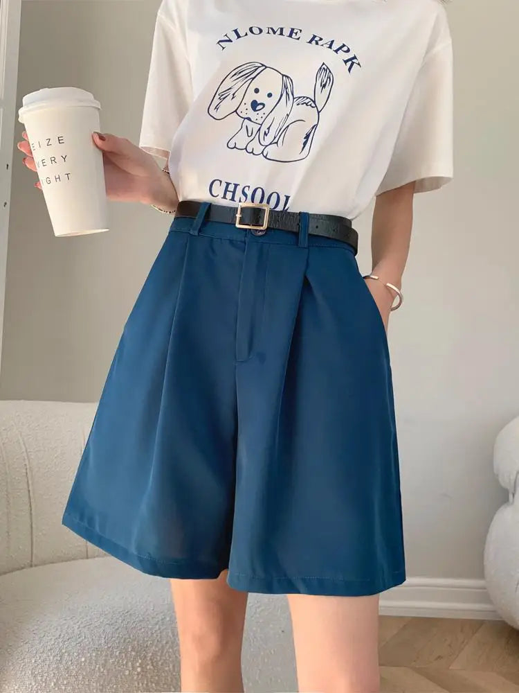 Summer New Black Blue Loose High Waist Wide Leg Pleated Shorts Korean Version Women Gray Office Short Pant Casual Fashion Simple