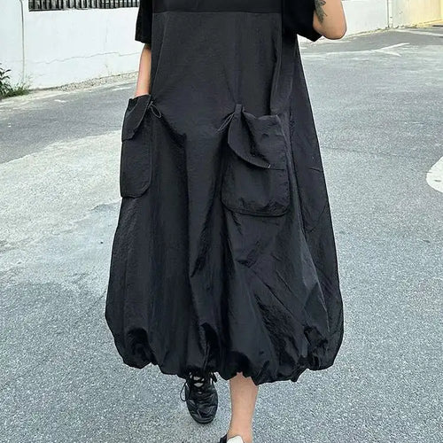 Load image into Gallery viewer, Women Black Drawstring Pocket Big Size Midi Dress New Round Neck Shhort Sleeve Fashion Tide Spring Summer 2025 1DJ0773
