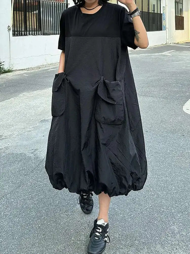 Women Black Drawstring Pocket Big Size Midi Dress New Round Neck Shhort Sleeve Fashion Tide Spring Summer 2025 1DJ0773