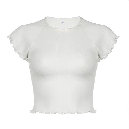 Load image into Gallery viewer, Causal White Knitted Slim Women T shirt Frills Basic Crop Top Short Sleeve Korean Fashion Cute Thin Summer Tee Shirts
