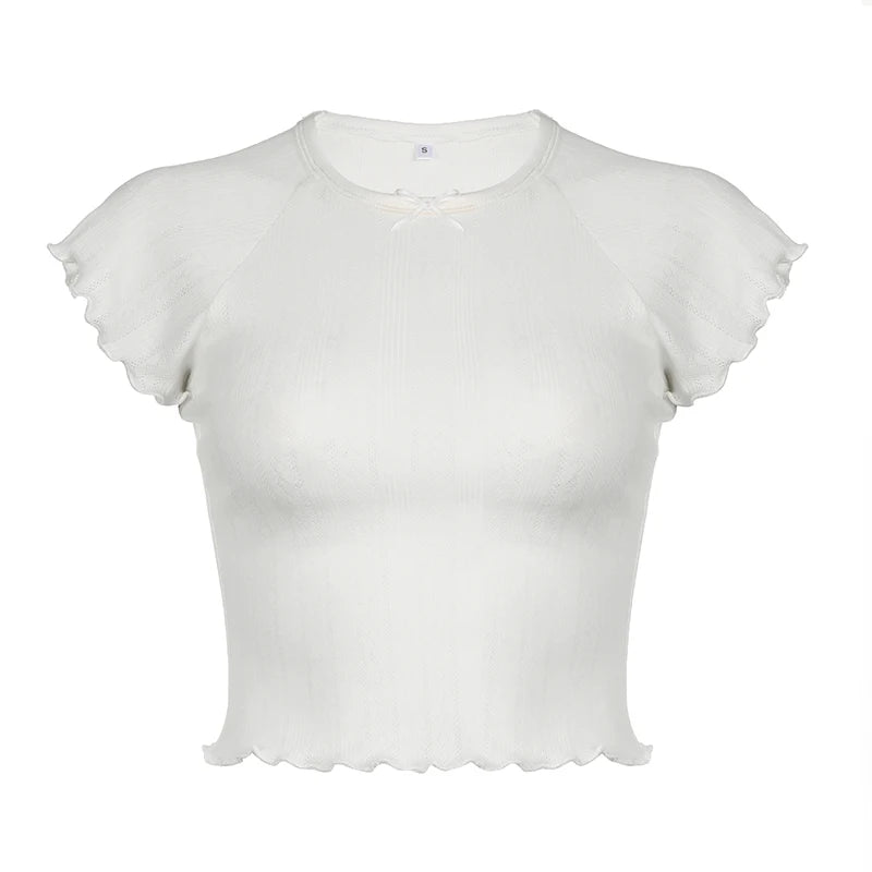 Causal White Knitted Slim Women T shirt Frills Basic Crop Top Short Sleeve Korean Fashion Cute Thin Summer Tee Shirts