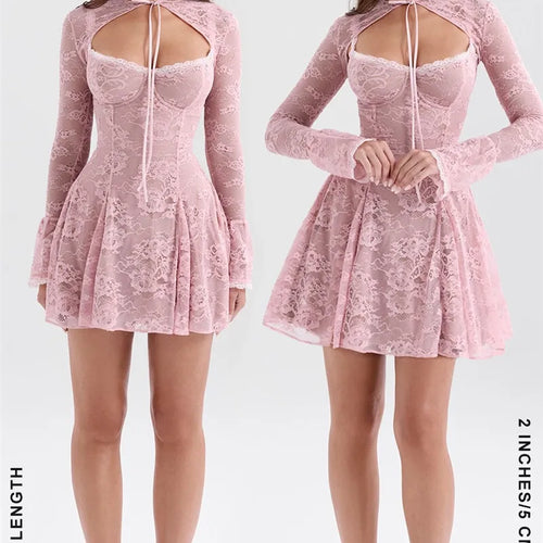 Load image into Gallery viewer, Lace Flare Long Sleeve Sexy Mini Dress For Women Robe Autumn New Pink O Neck A-line High Waist Pleated Dress Elegant
