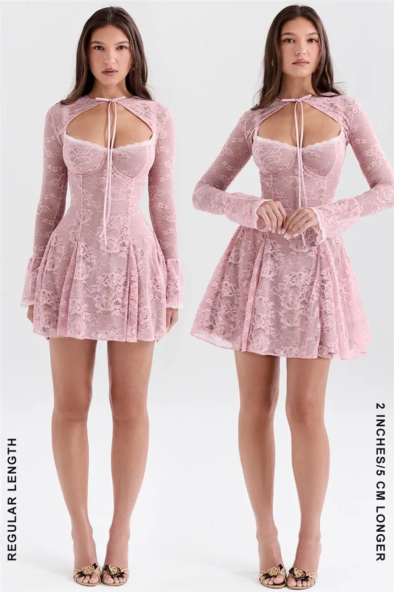 Lace Flare Long Sleeve Sexy Mini Dress For Women Robe Autumn New Pink O Neck A-line High Waist Pleated Dress Elegant