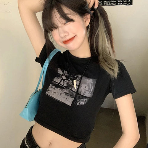 Load image into Gallery viewer, 90s Black Gothic Harajuku Vintage Grunge Graphic Slim Fit Short Crop Top Women's Streetwear Sexy Summer Y2K Punk Casual T-Shirt
