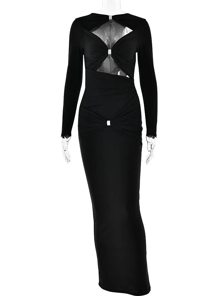 Sexy Hollow Out Long Sleeved Elastic Tight Dress Women Pleats Double Layered Female Vestidos Elegant Party Evening Dress