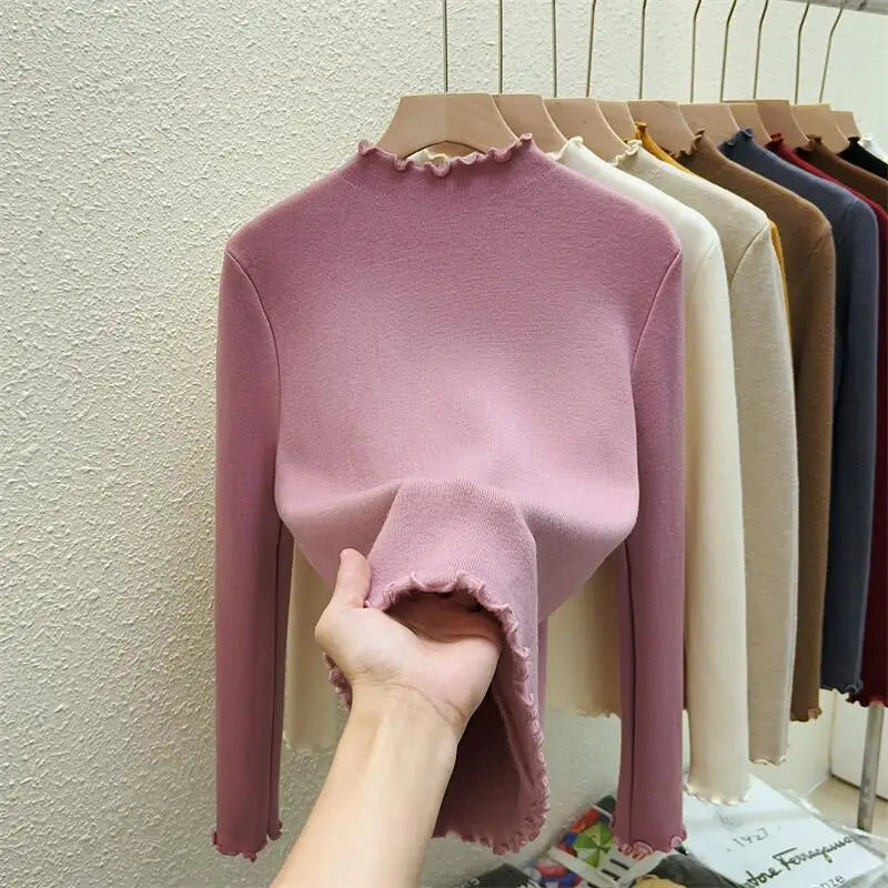 Autumn Winter Korean Solid Half Height Collar Velvet Knit Sweater Women Fashion Warm Long Sleeve Festival Pullovers Tops Casual