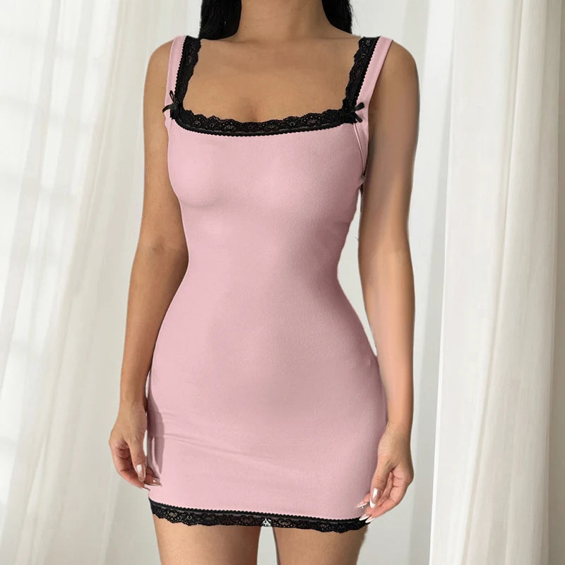 Fashion Spaghetti Strap Bodycon Mini Dress Party Lace Patchwork Bow Coquette Clothes Sexy Summer Dresses Summer New