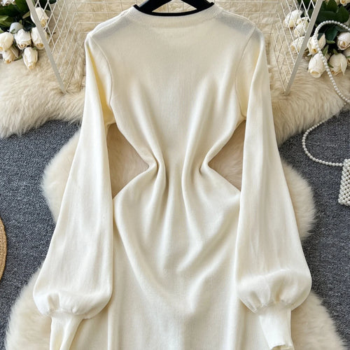 Load image into Gallery viewer, French Fashion Beige Patchwork Elegant Long Sleeves Round Neck Bow Mini Dress Women Autumn New Office Lady Short Knitted Dresses
