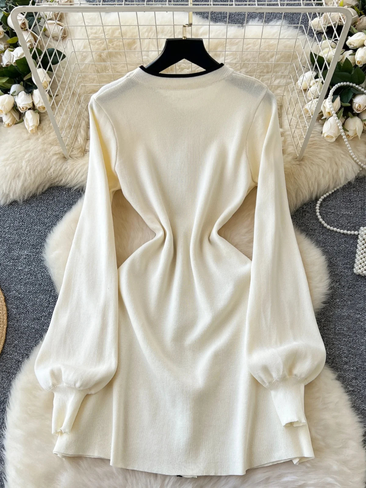 French Fashion Beige Patchwork Elegant Long Sleeves Round Neck Bow Mini Dress Women Autumn New Office Lady Short Knitted Dresses