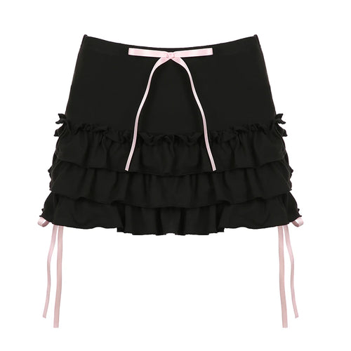 Load image into Gallery viewer, Lolita Fashion Ruffles Black Mini Skirt Women Bow Korean Style Coquette Ruched Cutecore Summer Skirts Gothic Clothes
