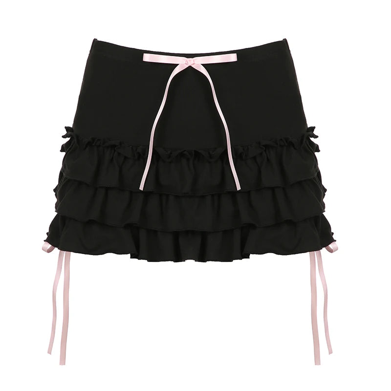 Lolita Fashion Ruffles Black Mini Skirt Women Bow Korean Style Coquette Ruched Cutecore Summer Skirts Gothic Clothes