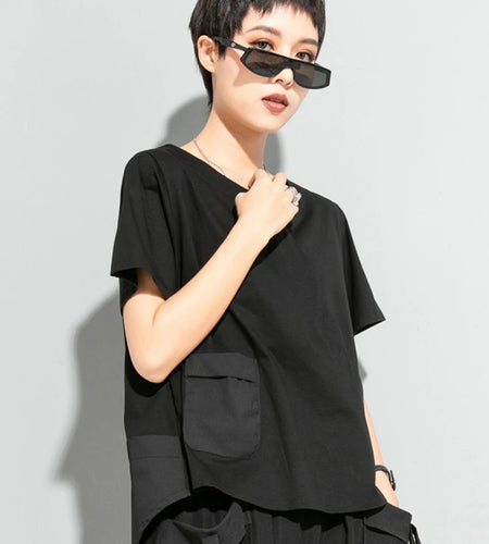 Women Black Pocket Irregular Hem Big Size Casual T-shirt New Round Neck Short Sleeve Fashion Spring Summer 2025 1DJ1791