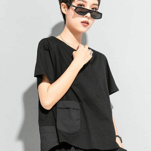 Load image into Gallery viewer, Women Black Pocket Irregular Hem Big Size Casual T-shirt New Round Neck Short Sleeve Fashion Spring Summer 2025 1DJ1791
