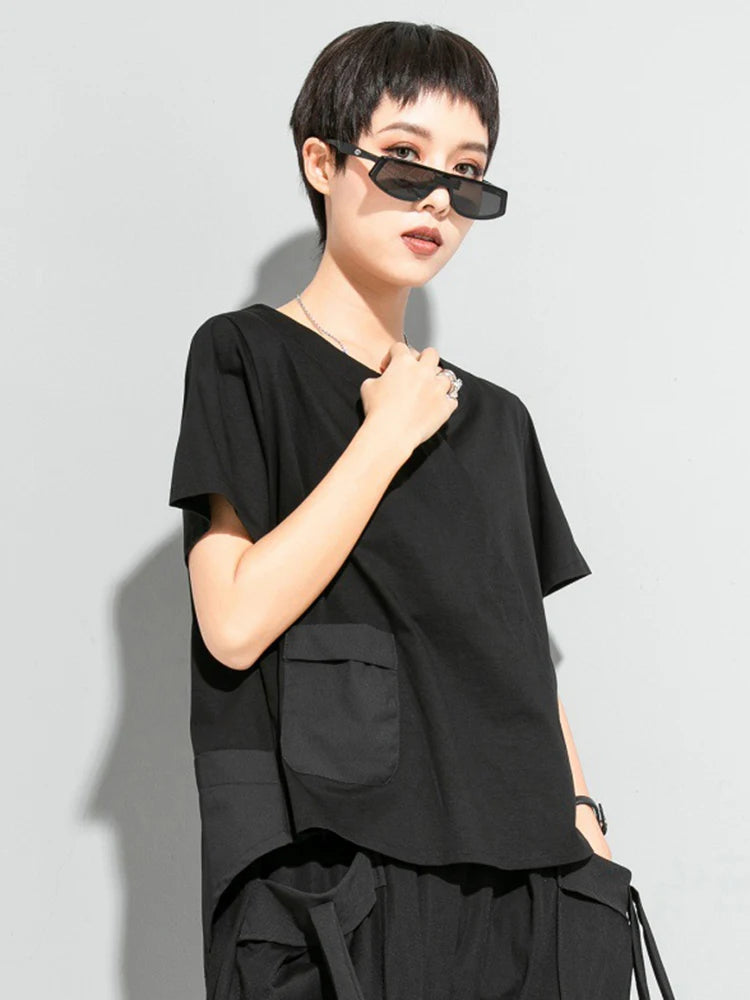 Women Black Pocket Irregular Hem Big Size Casual T-shirt New Round Neck Short Sleeve Fashion Spring Summer 2025 1DJ1791