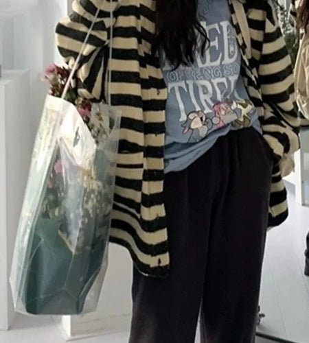 Contrast Color Long Cardigan Women Vintage Loose Striped Knitted Coats Grunge Fashion Y2k Aesthetic Autumn Jacket Female Jumper