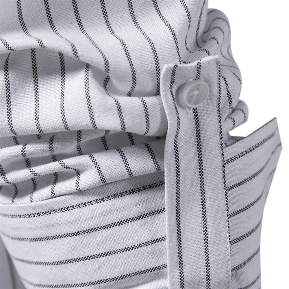 Solid Color Striped Men's Shirts Single Pocket Stand Collar Long-sleeved Shirts for Men New Spring Social Shirts Men