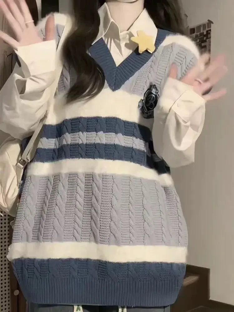 Autumn Grunge Loose Knitted Women's Tanks Casual All Match Sleeveless Pullovers Y2k Aesthetic Harajuku Streetwear Sweater Vest