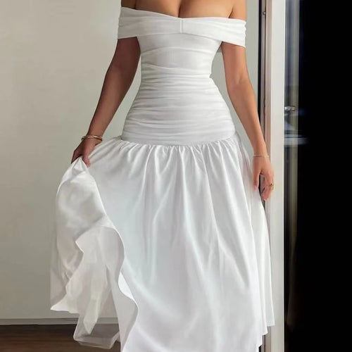 Load image into Gallery viewer, Solid Slimming Temperament Dresses For Women Slash Neck Short Sleeve High Waist Temperament Dress Female Fashion
