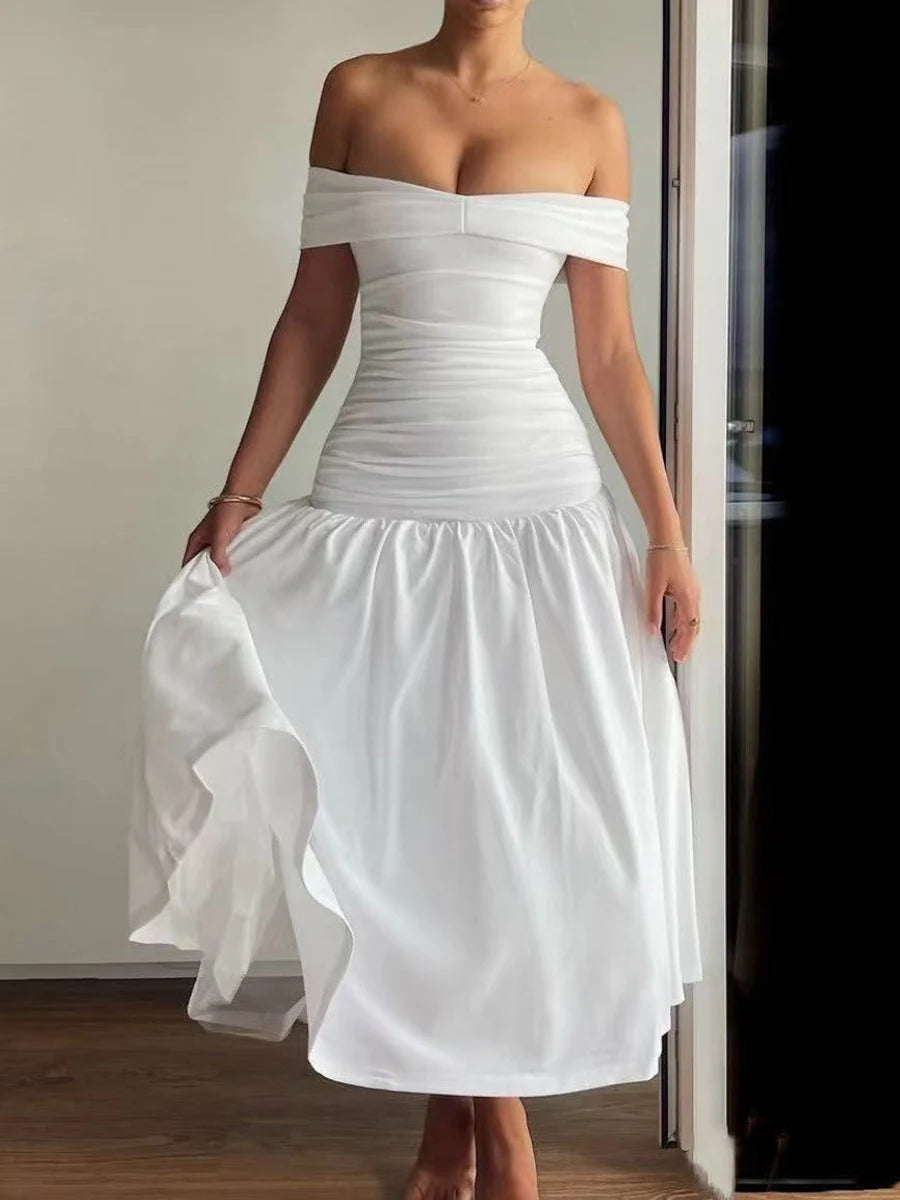 Solid Slimming Temperament Dresses For Women Slash Neck Short Sleeve High Waist Temperament Dress Female Fashion