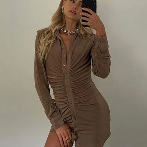 Load image into Gallery viewer, Long Sleeve Ruched Bodycon Shirts Dress For Women Turn-Down Collar Sexy Mini Dress Ladies Buttons Slim Party Vestidos
