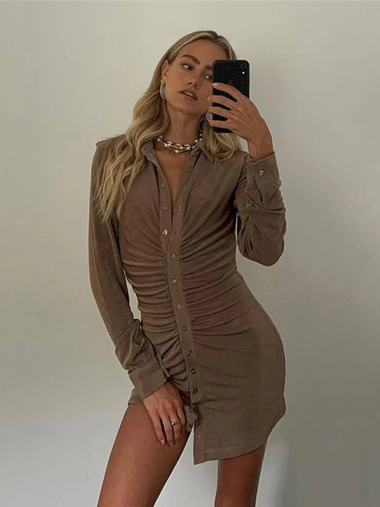 Long Sleeve Ruched Bodycon Shirts Dress For Women Turn-Down Collar Sexy Mini Dress Ladies Buttons Slim Party Vestidos