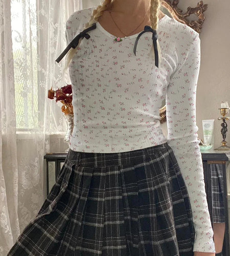 Sweet Coquette Autumn Tee Women Crop Tops Korean Style Skinny Small Flowers Print T-shirts Cutecore Preppy Style