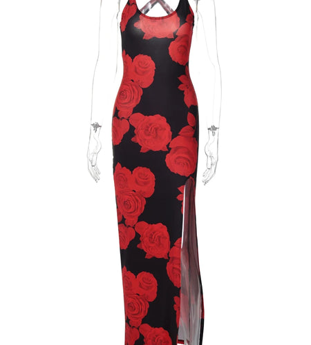 Square Collar Straps Floral Print Backless Slit Sexy Slim Maxi Dress Women Fashion Clothes Beach Party Festival